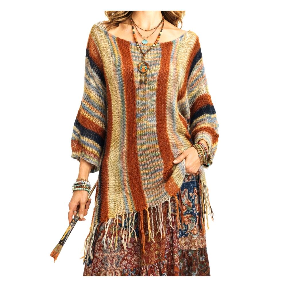 Grifflin Paris Boho Fringe Sweater Poncho Multicolor Stripe M